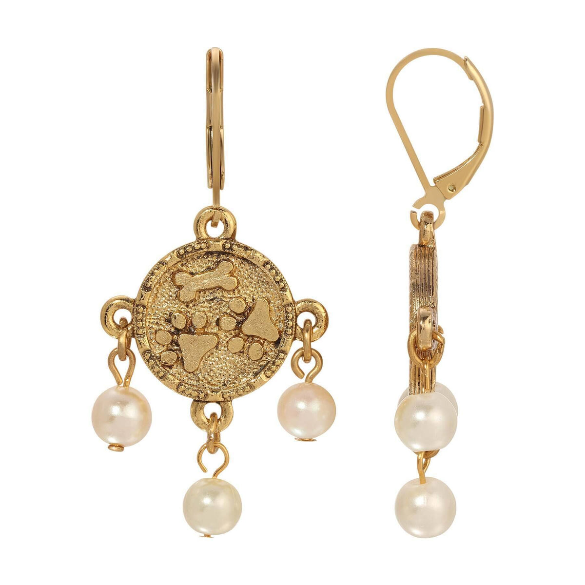 1928 Jewelry Paws and Bones Faux Pearl Dangling Earrings