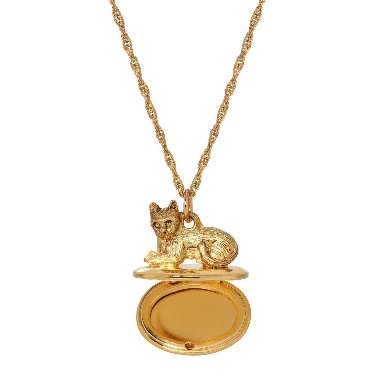 1928 Jewelry Gold Perched Cat Double Photo Locket Necklace 28 Inch