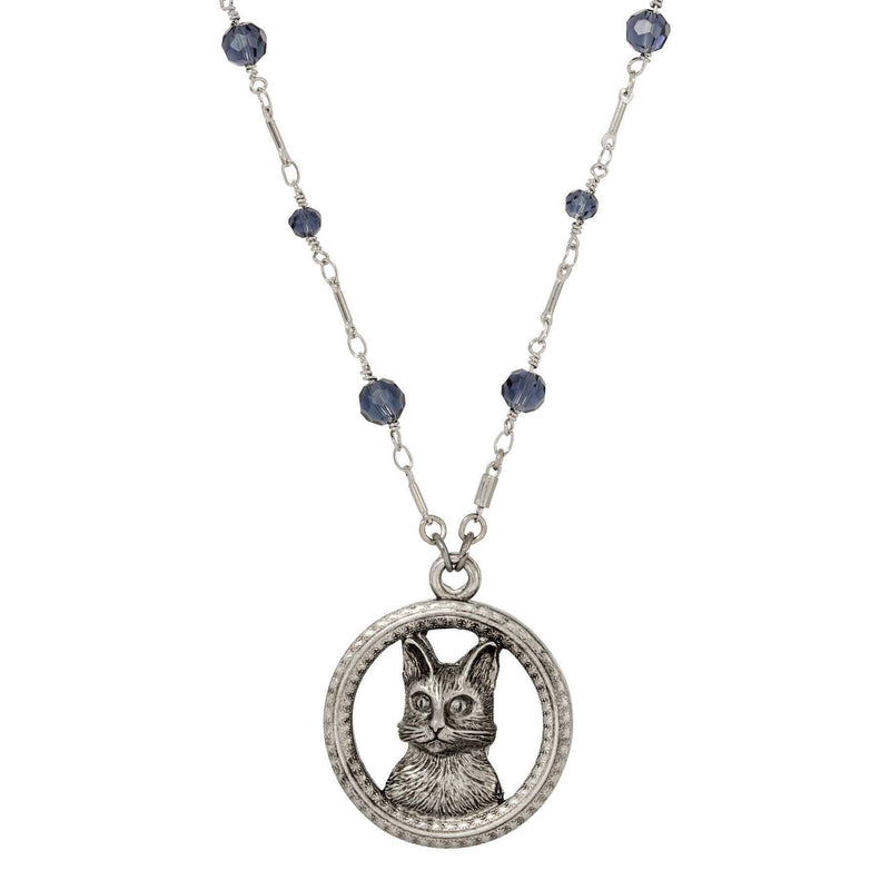 1928 Jewelry Montana Blue Crystal Floral Adorned Cat Pendant Necklace 28 Inch