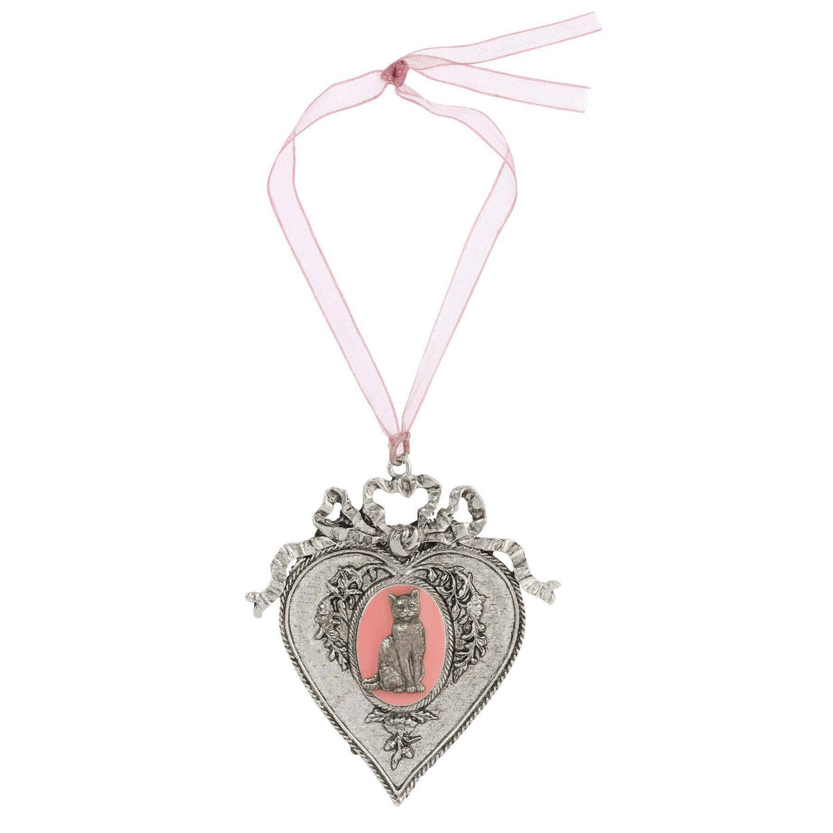 1928 Jewelry Pink Enamel Cat Oak Flower and Vine Pink Ribbon Heart Christmas Tree Ornament