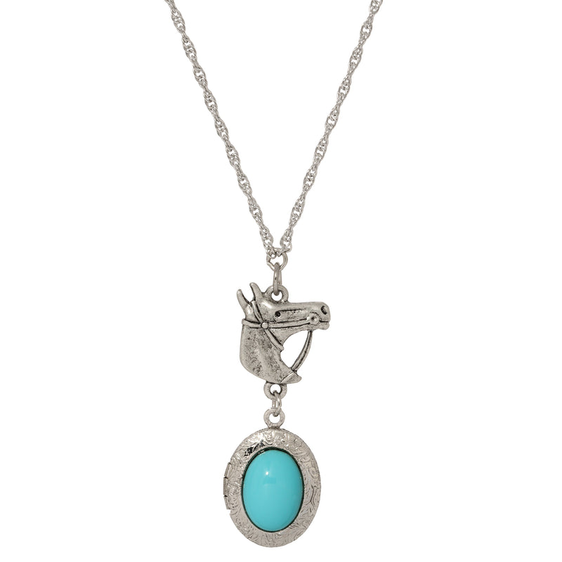 1928 Jewelry Equestrian Charm Horsehead Pendant and Turquoise Stone Locket Necklace 24 Inch