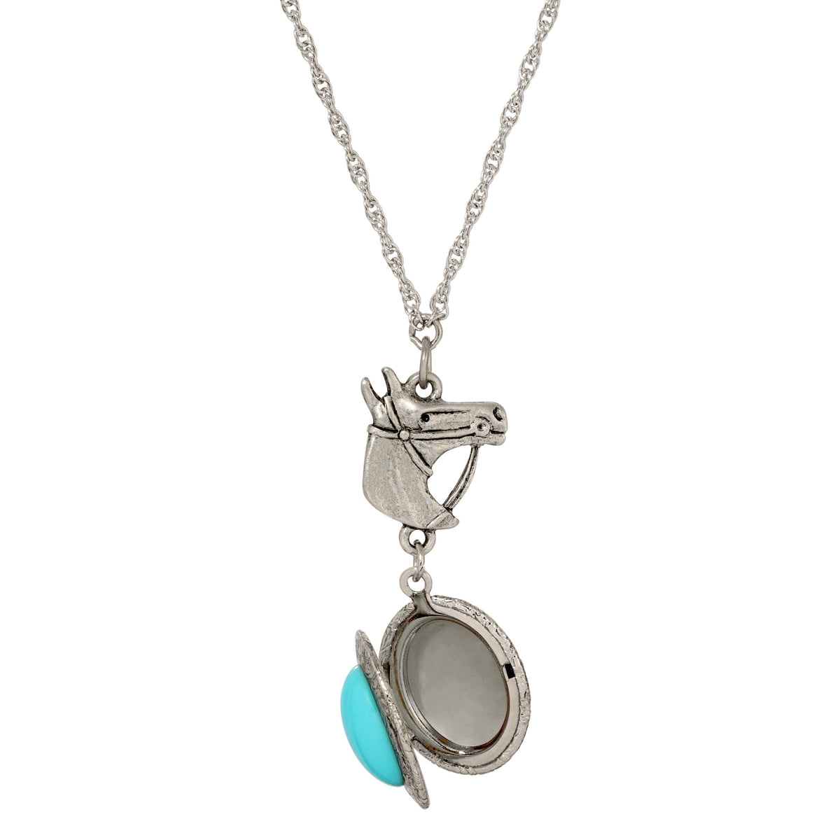 1928 Jewelry Equestrian Charm Horsehead Pendant and Turquoise Stone Locket Necklace 24 Inch