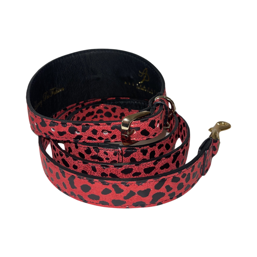 Glam Red & Black Leopard Print Italian Leather Collar & Leash Set