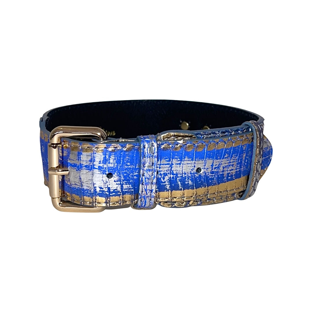 Allysa Payne Multi-Color Blue/Silver/Gold Snake, Classic Dog Collar With Gold Hardware