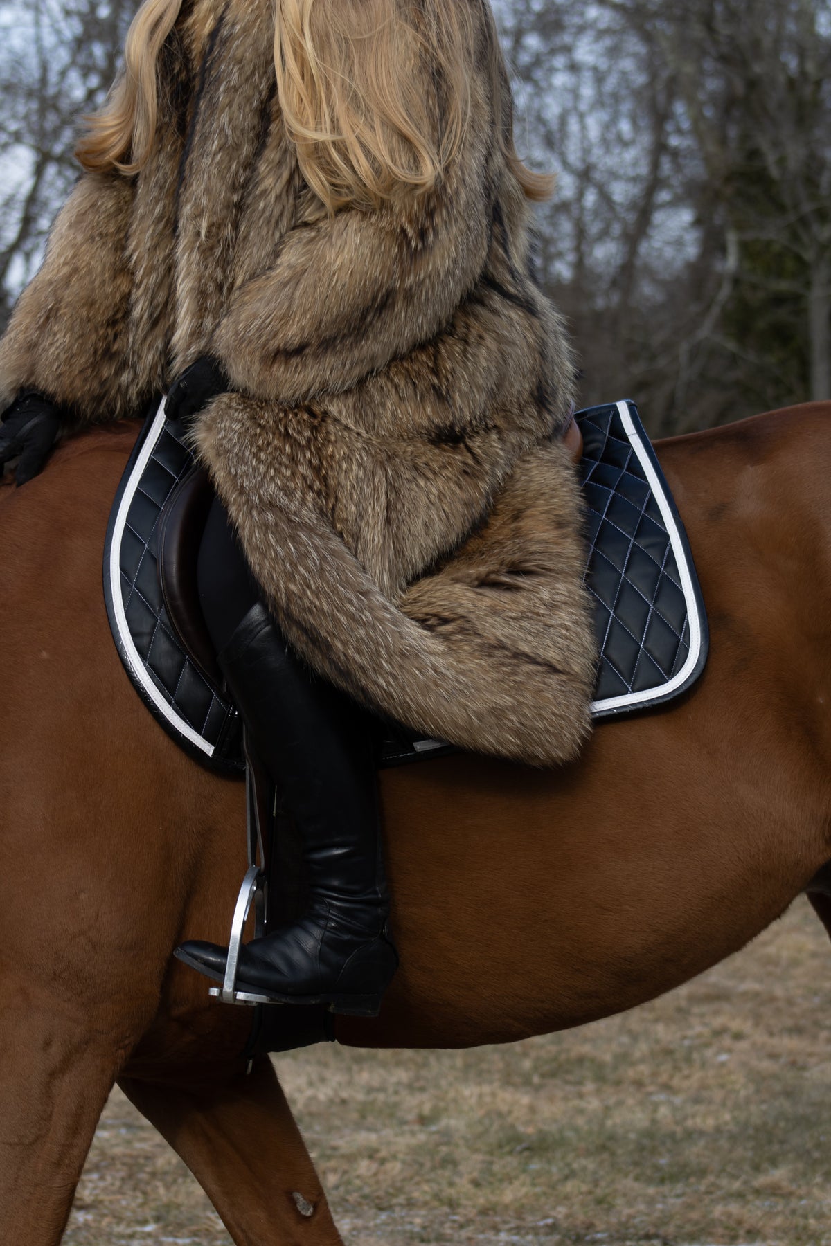San Eligius black quilted jump saddle pad with white and black crocodile piping, lifestyle shot on horse