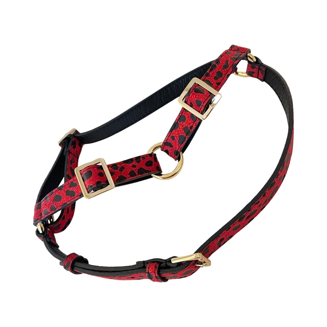 Allysa Payne Red & Black Leopard Print Italian Leather Dog Harness