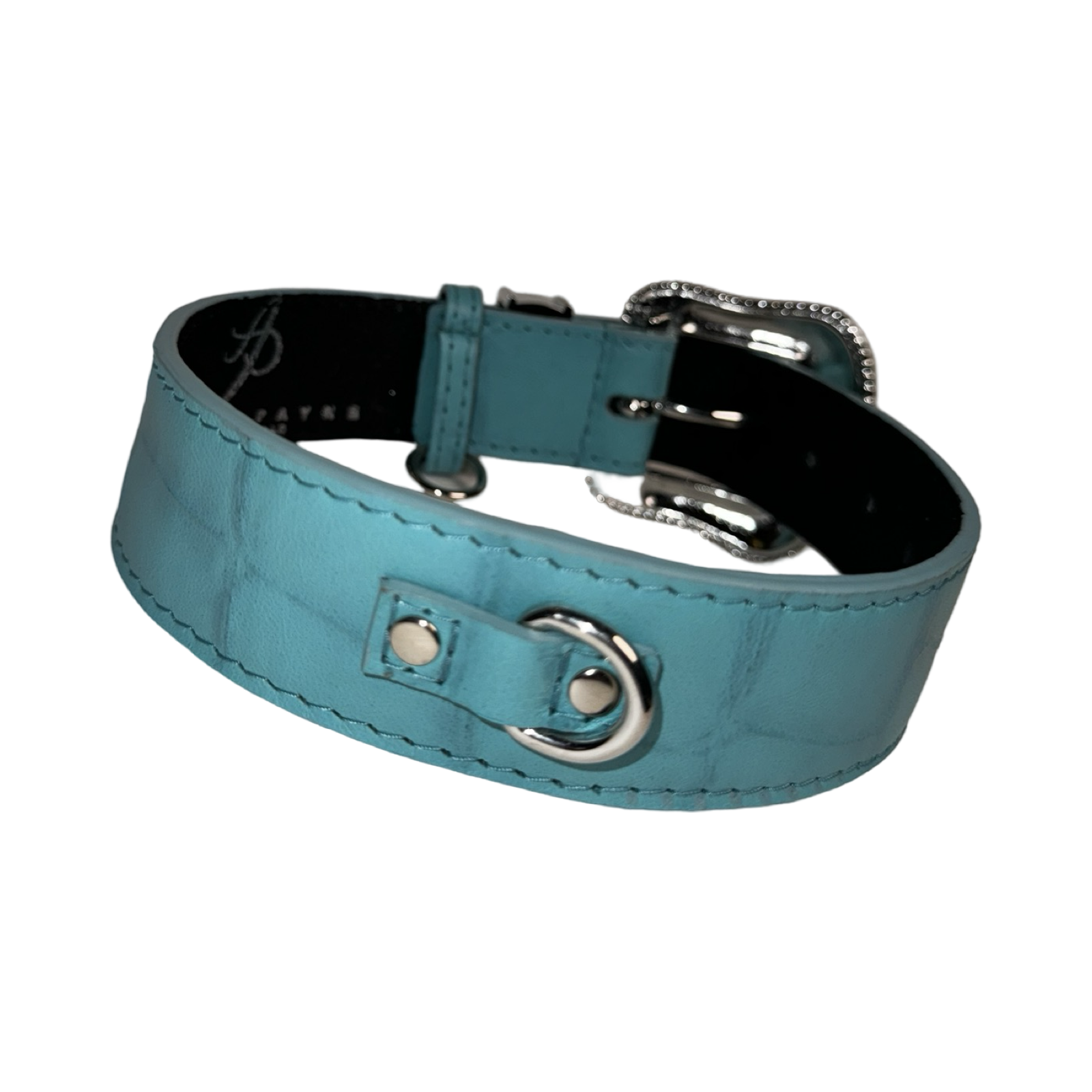 Allysa Payne The Tiffany Collection Turquoise Blue Embossed Croc Italian Leather/Custom Silver Swarovski Crystal Hardware Dog Collar