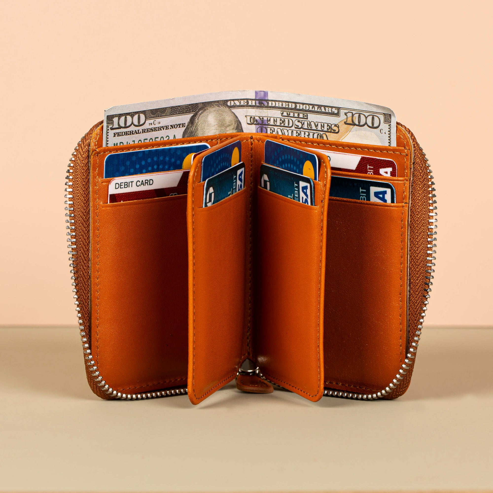 Premium Leather Zipper Wallet Caramel Brown Anniston