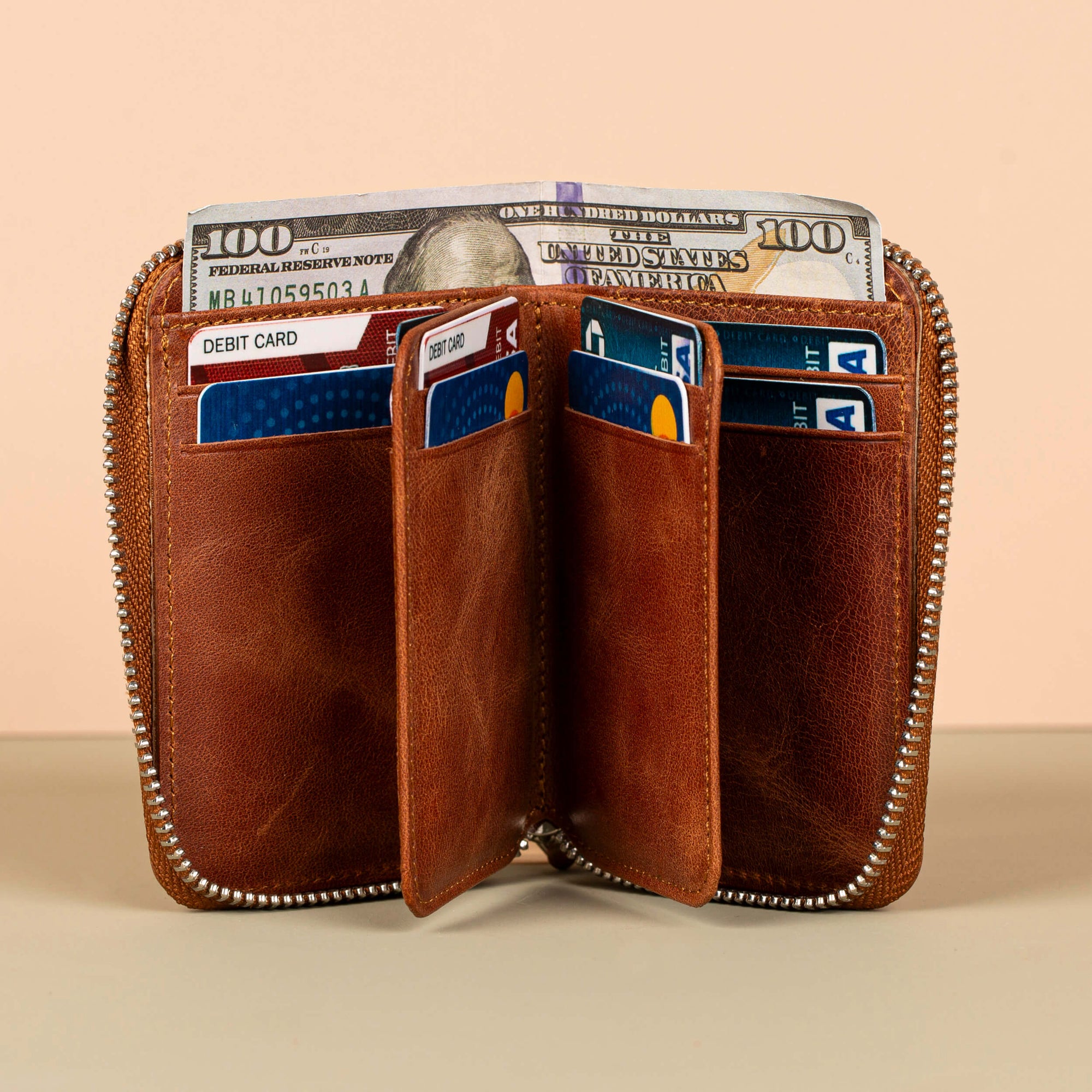Premium Leather Zipper Wallet Warm Brown Anniston