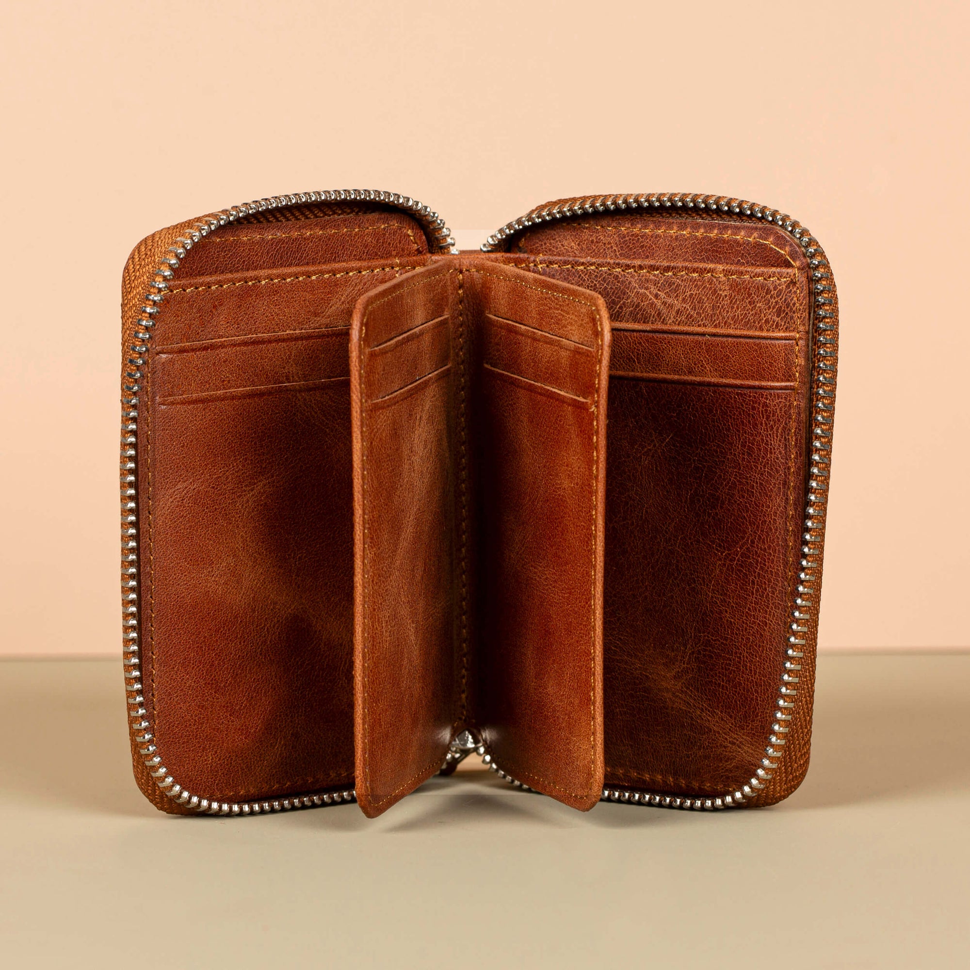 Premium Leather Zipper Wallet Warm Brown Anniston