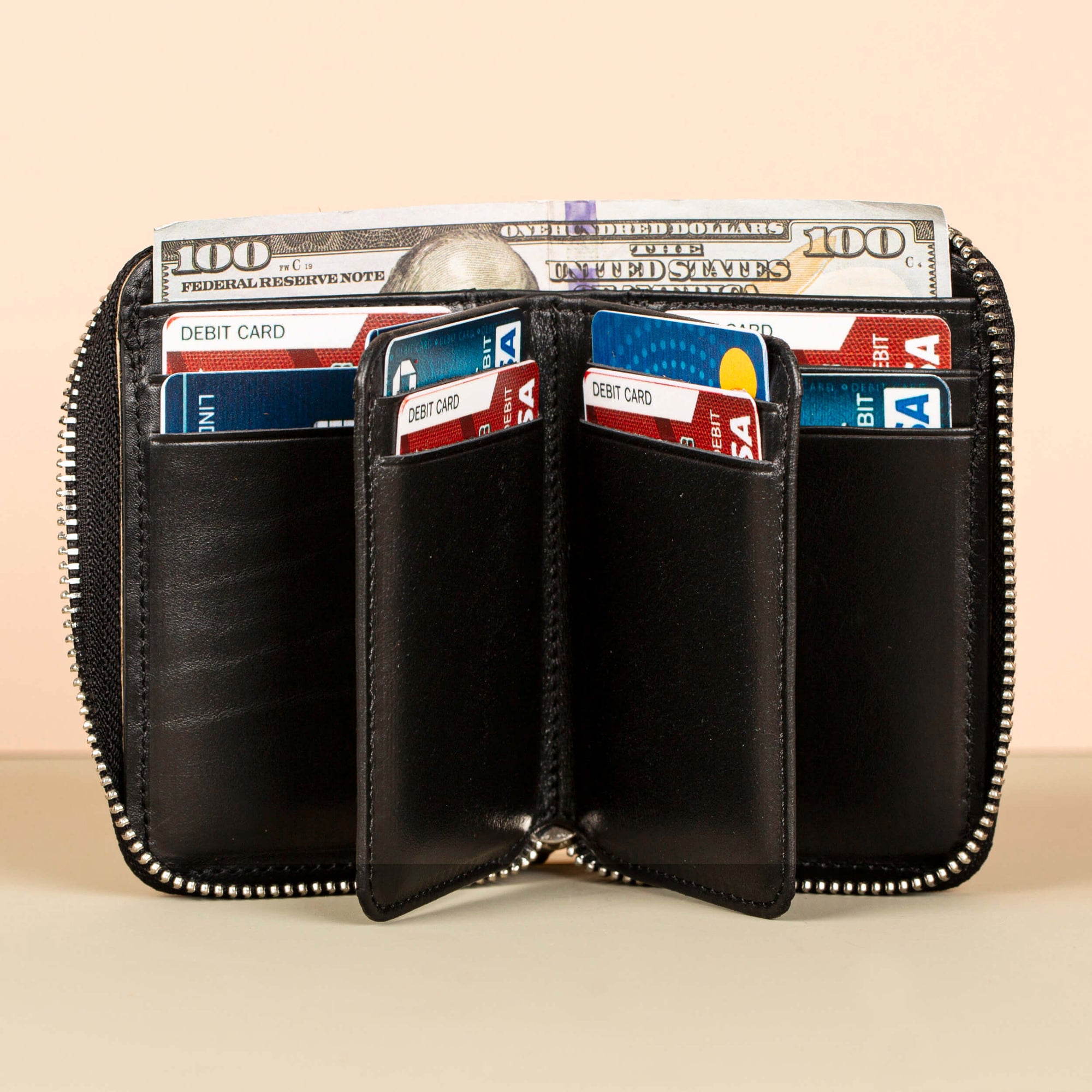 Premium Leather Zipper Wallet Black Anniston
