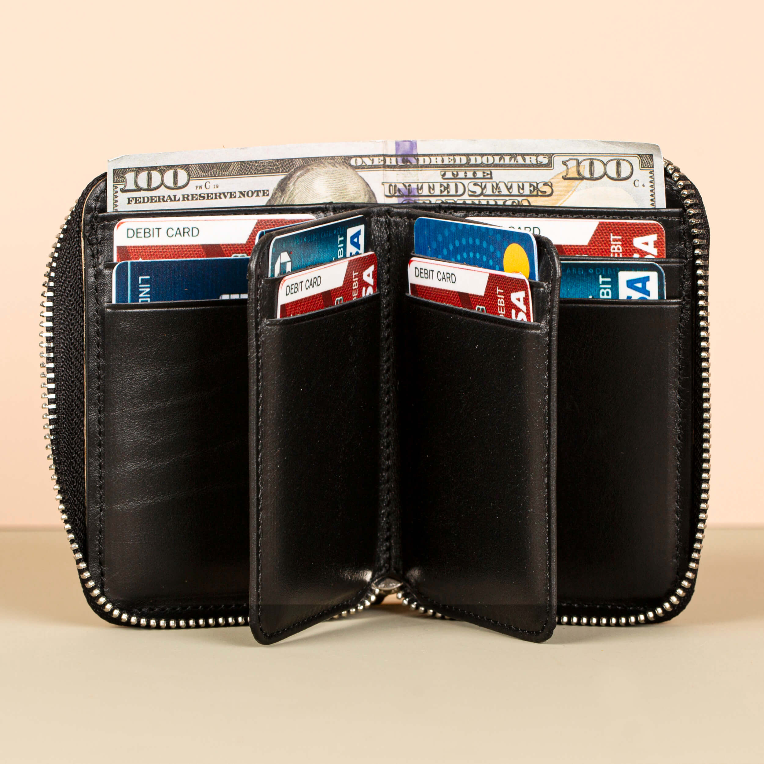 Premium Leather Zipper Wallet Black Anniston