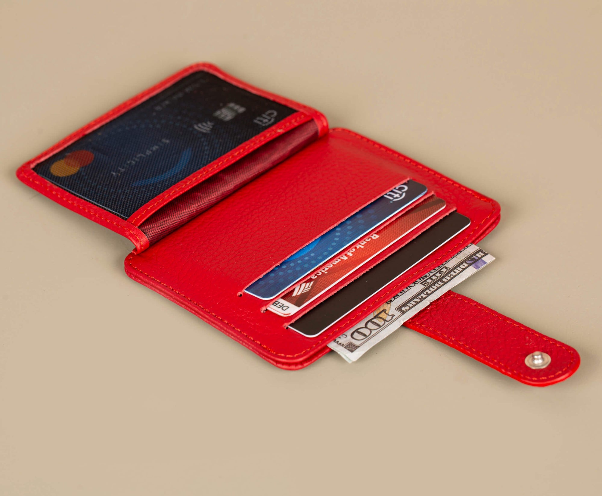 Leather Card Holder Wallet with ID Window Red Miami