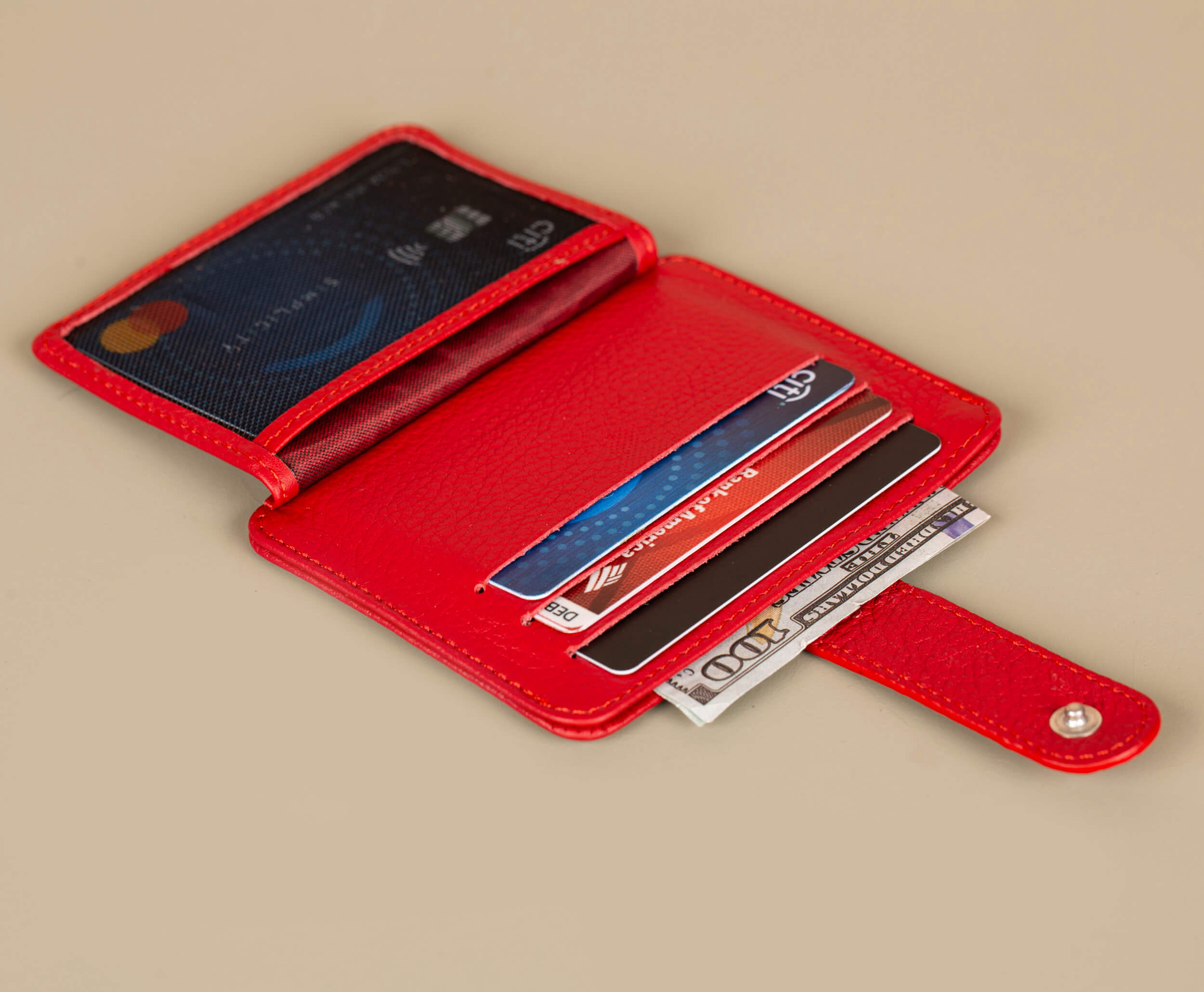 Leather Card Holder Wallet with ID Window Red Miami