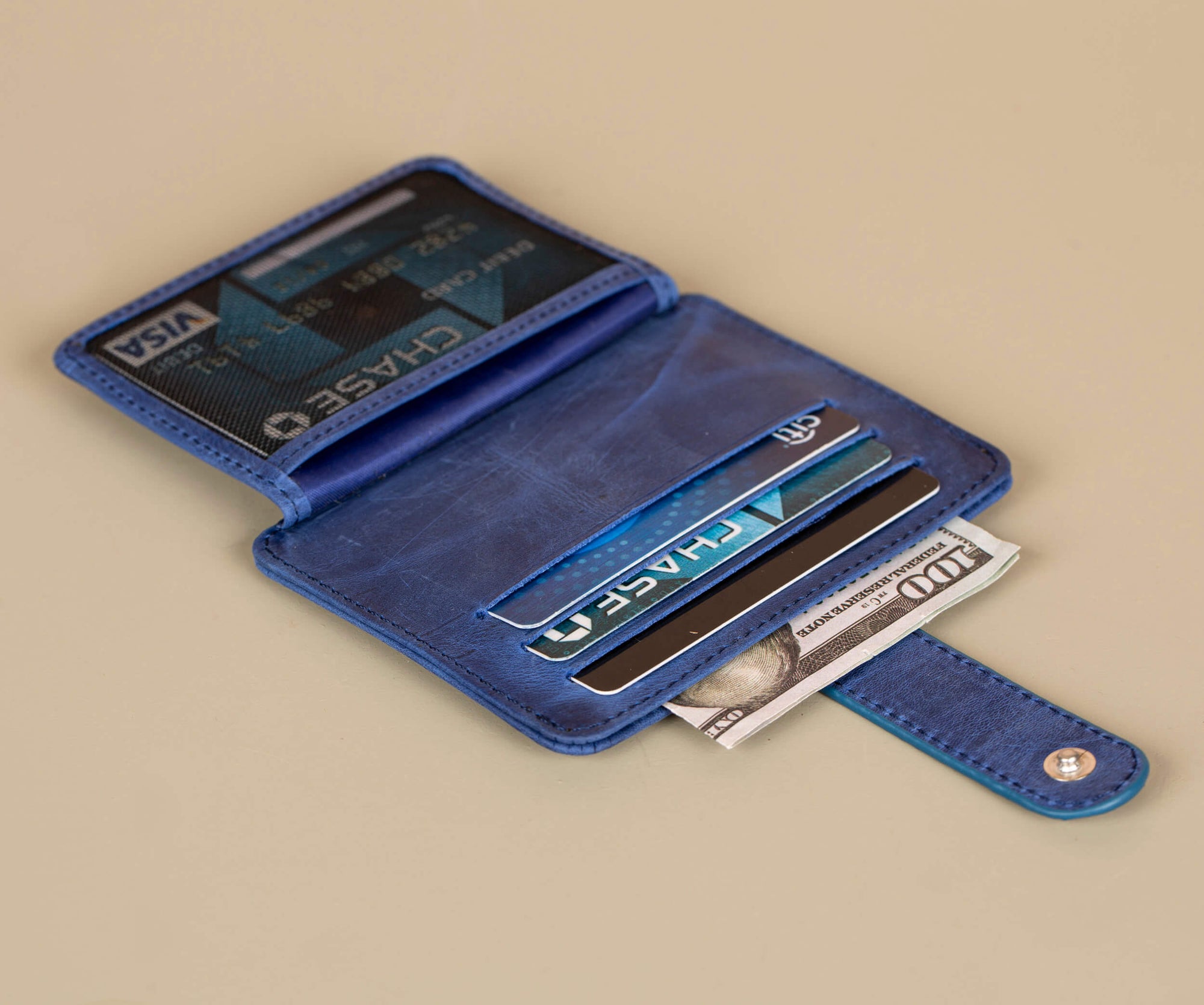Leather Card Holder Wallet with ID Window Blue Miami
