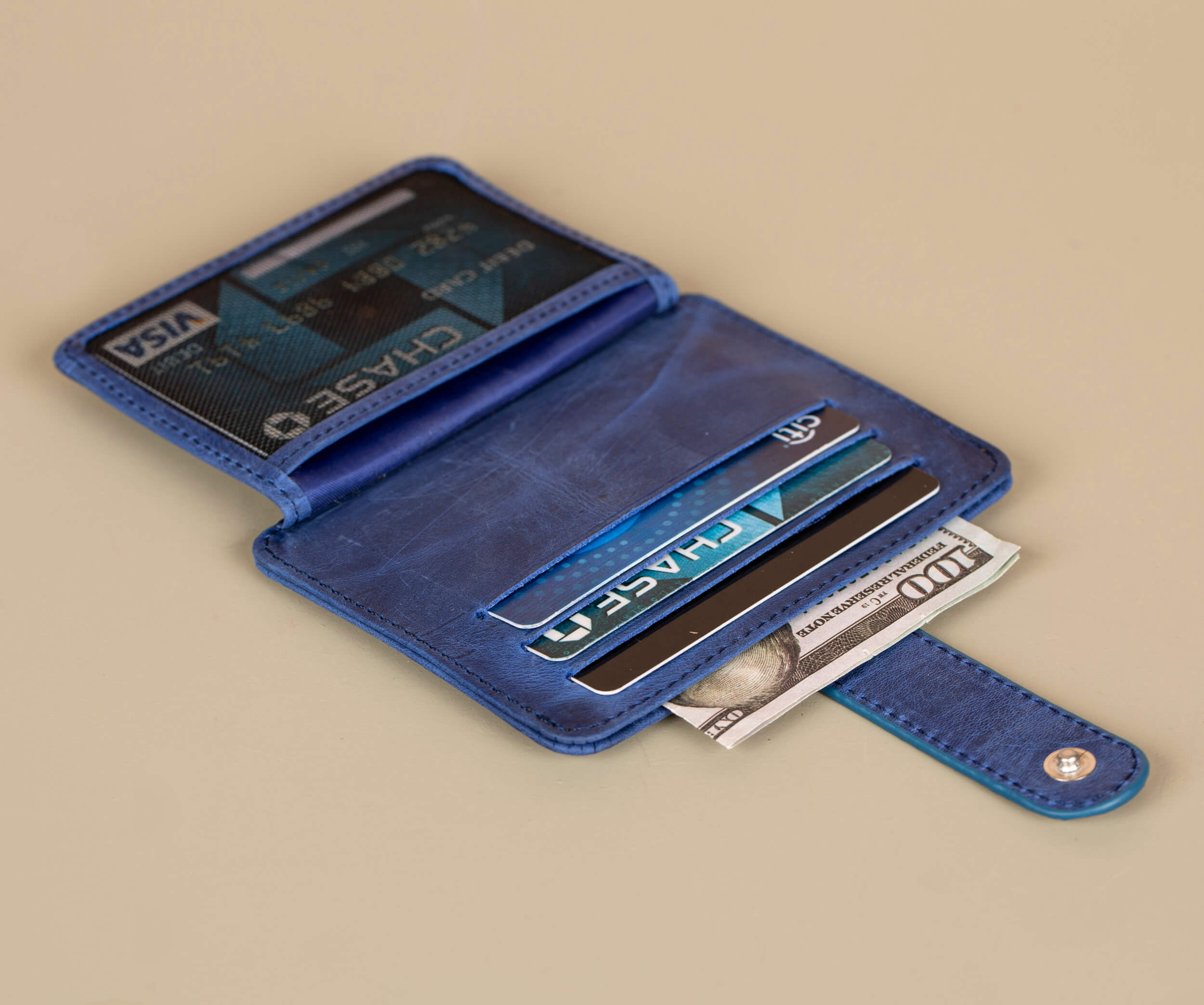 Leather Card Holder Wallet with ID Window Blue Miami