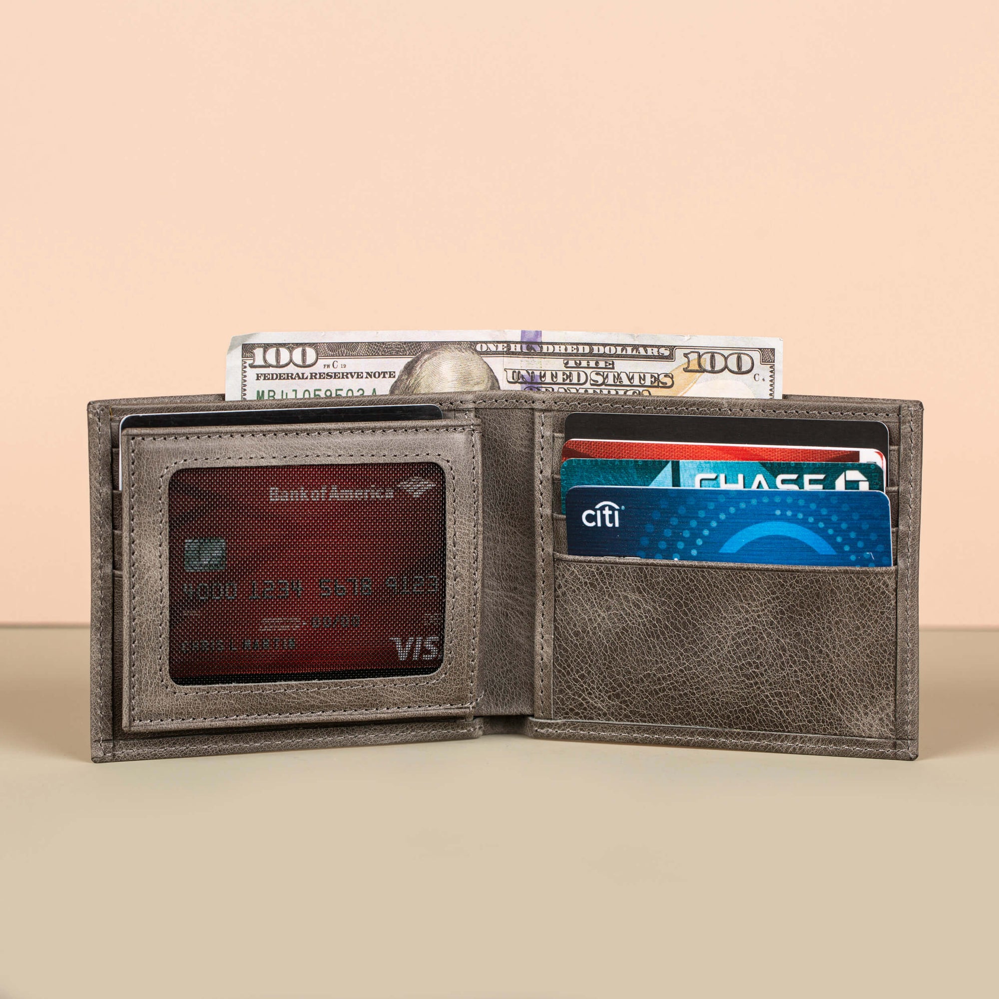 Classic Leather Bifold Wallet Grey Los Angeles