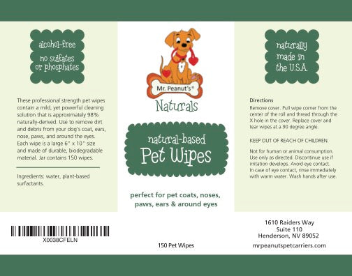 Mr. Peanuts Naturals Plant Based, Flushable, Compostable, Unscented Pet Wipes, 160 Count, Larger 8x6