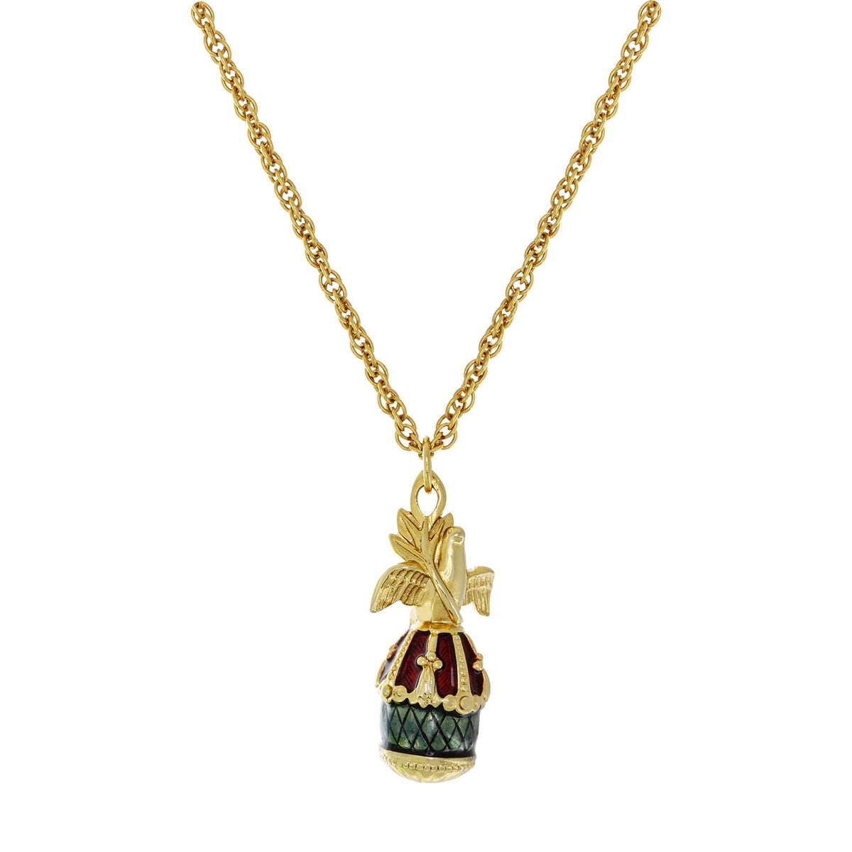 1928 Jewelry Gold Dove Blue and Red Egg Pendant Necklace 24 Inch