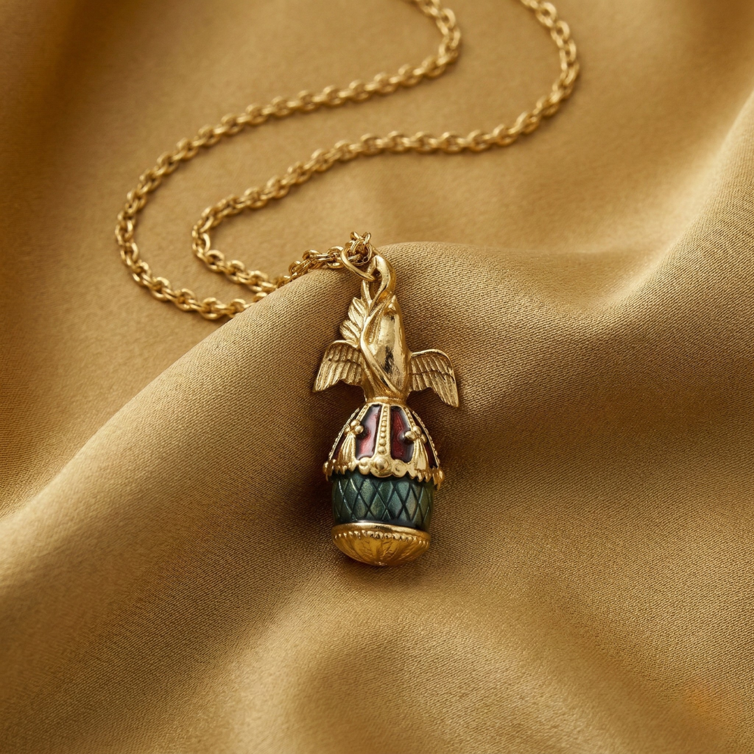 1928 Jewelry Gold Dove Blue and Red Egg Pendant Necklace 24 Inch