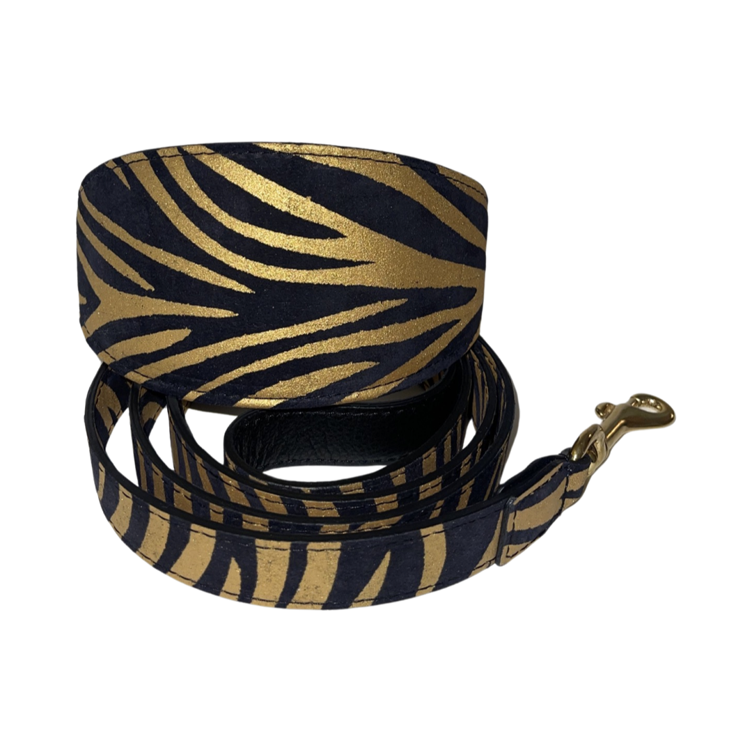 Allysa Payne Black & Gold Zebra Print Italian Leather Dog Collar & Leash Set