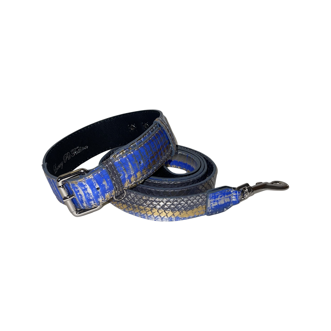 Allysa Payne Multi-Color Blue/Silver/Gold Snake, Classic With Silver Hardware Dog Collar & Leash Set
