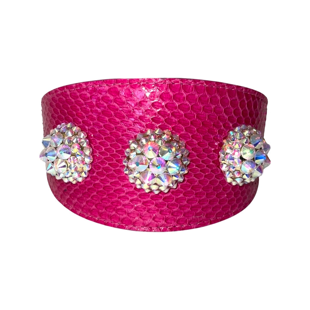 Allysa Payne Fuchsia Snake Wide Style Dog Collar With 3 Custom Swarovski Crystal Rivets