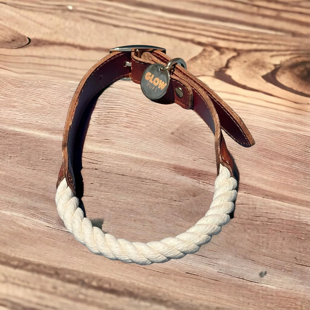 Glow Pups: White Cotton Rope and Leather Dog Collar
