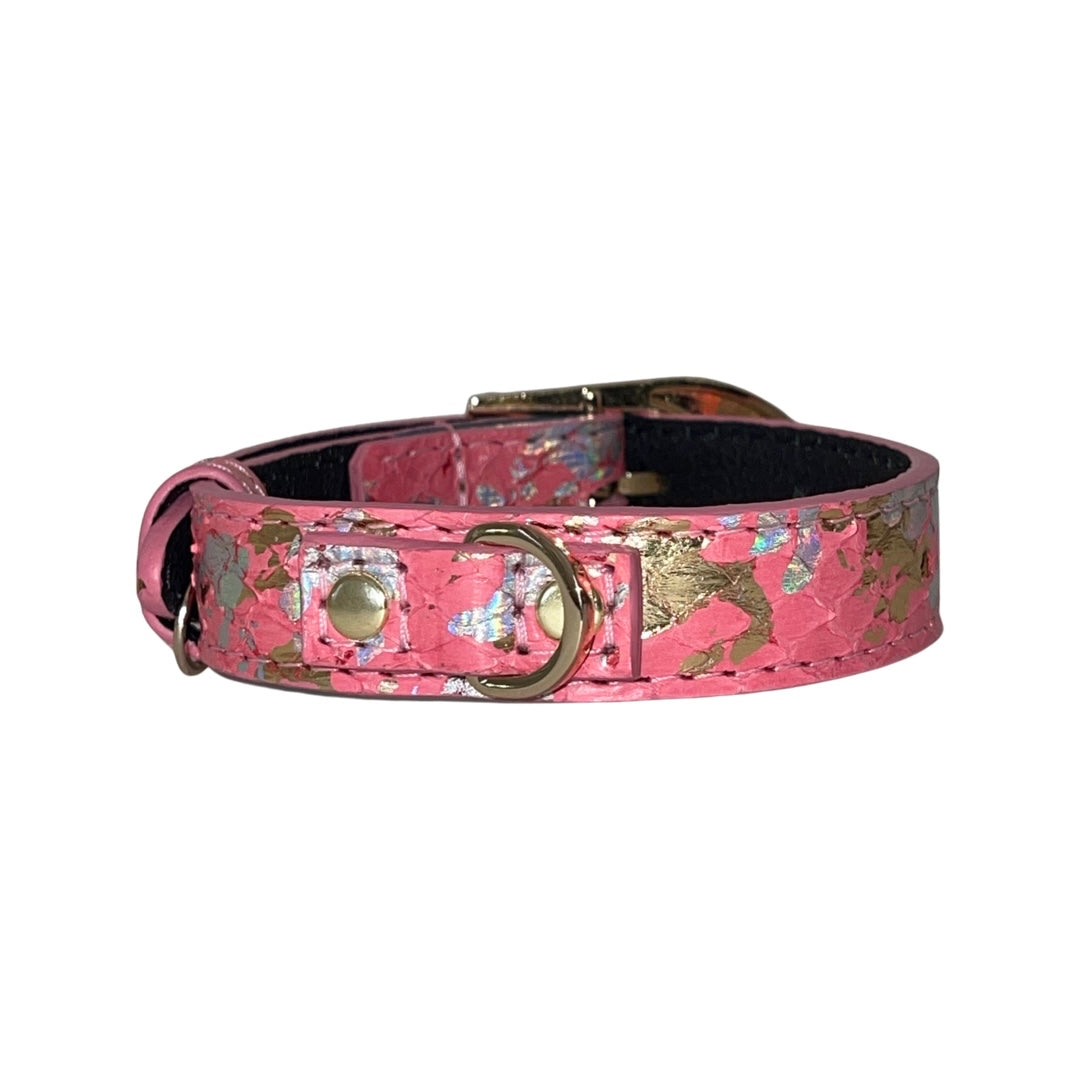 Allysa Payne XS/S 7"-14" Bubblegum Pink/Gold/Silver Art Deco Custom Snake Dog Collar/Custom Gold Italian Hardware