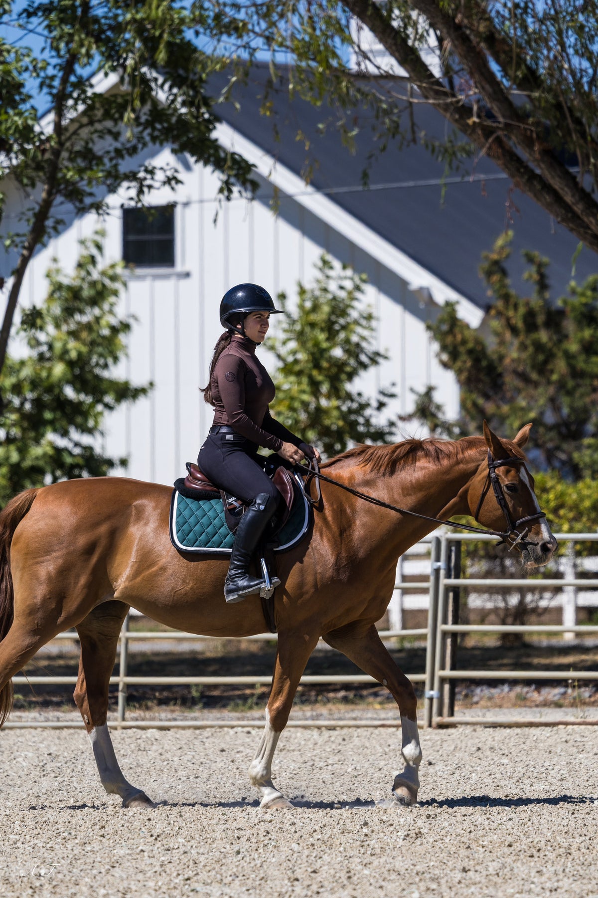 San Eligius green quilted jump saddle pad with white and black leather piping, side profile view