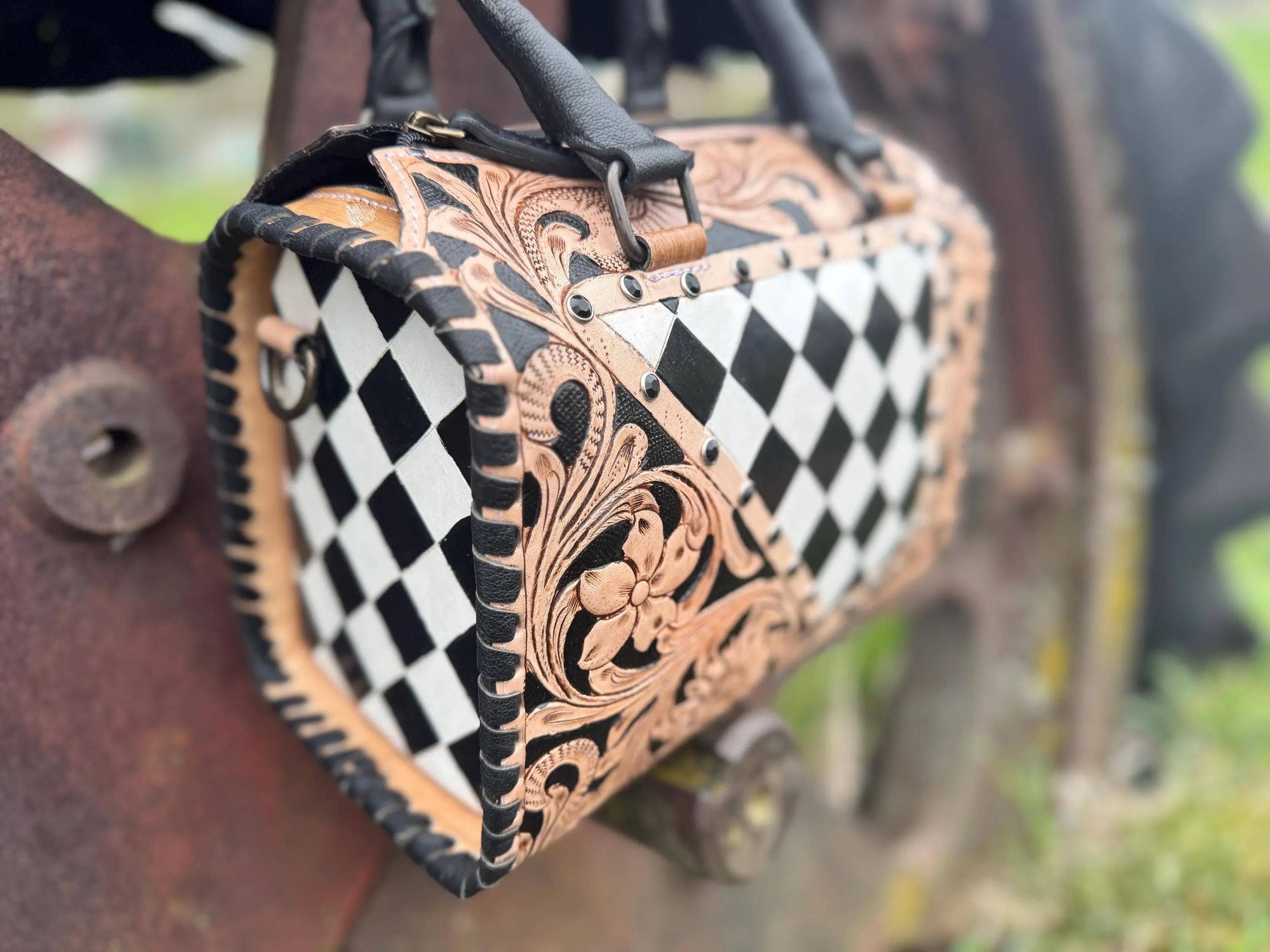 Luxe Tooled Leather Starry Night Rhinestone Stud Checkered Speedy Bag