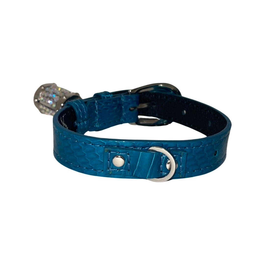 Allysa Payne Dark Turquoise XS Snake 7"-14" Dog Collar/Custom Silver Italian Hardware & Swarovski Crystal Charm