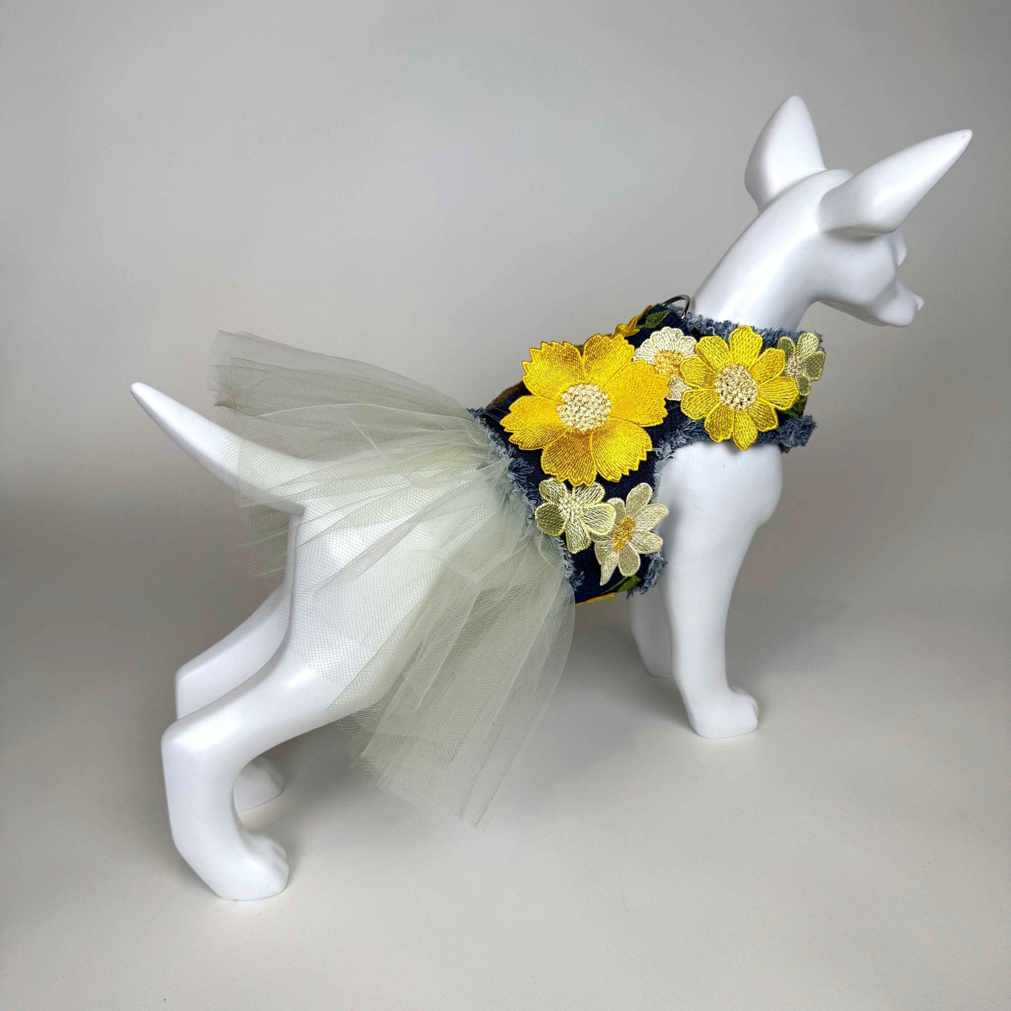 Heads or Tails Pup Lemon Chiffon Bouquet Denim Dog Dress