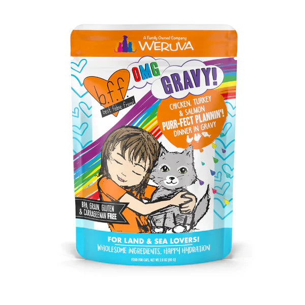 BFF OMG Adult Purr-fect Plannin Chicken, Turkey, and Salmon Wet Cat Pouch (2.8oz)