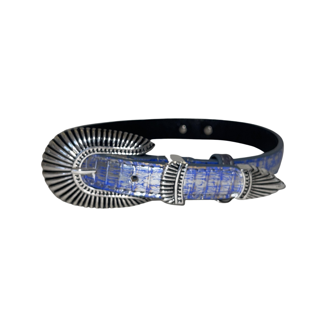 Allysa Payne Multi-Color Blue/Silver Snake With Our Custom 3-Piece Italian Hardware Dog Collar