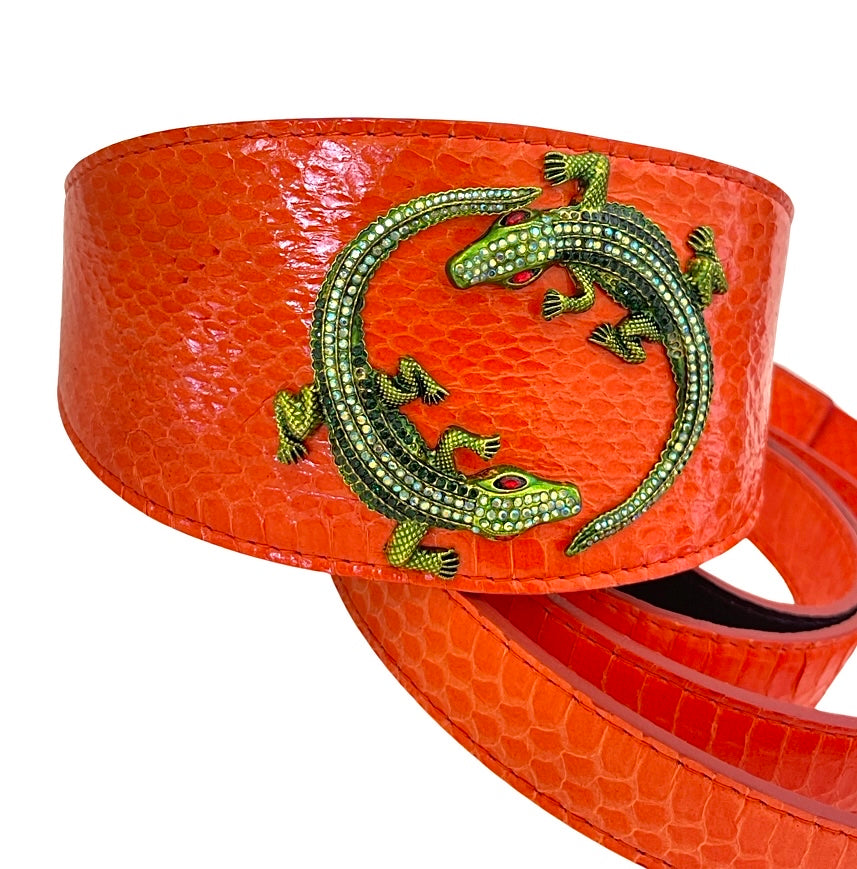 Allysa Payne Orange Snake 3-Inch Wide Style With Green Rhinestone Alligators Dog Collar & Leash Set