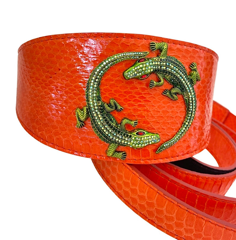 Orange Snake 3" Wide Style Collar & Leash Set With Green Rhinestone Alligators!