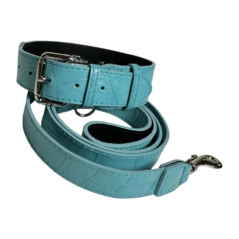 Allysa Payne The Tiffany Collection Turquoise Blue Embossed Croc Italian Leather , With Our Classic Silver Hardware Dog Collar & Leash Set