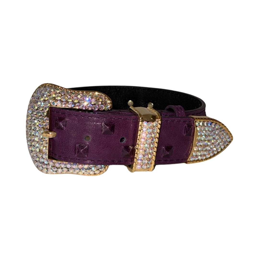 Allysa Payne Glamorous Boysenberry, Embossed Studded Italian Leather, Swarovski Crystal Dog Collar