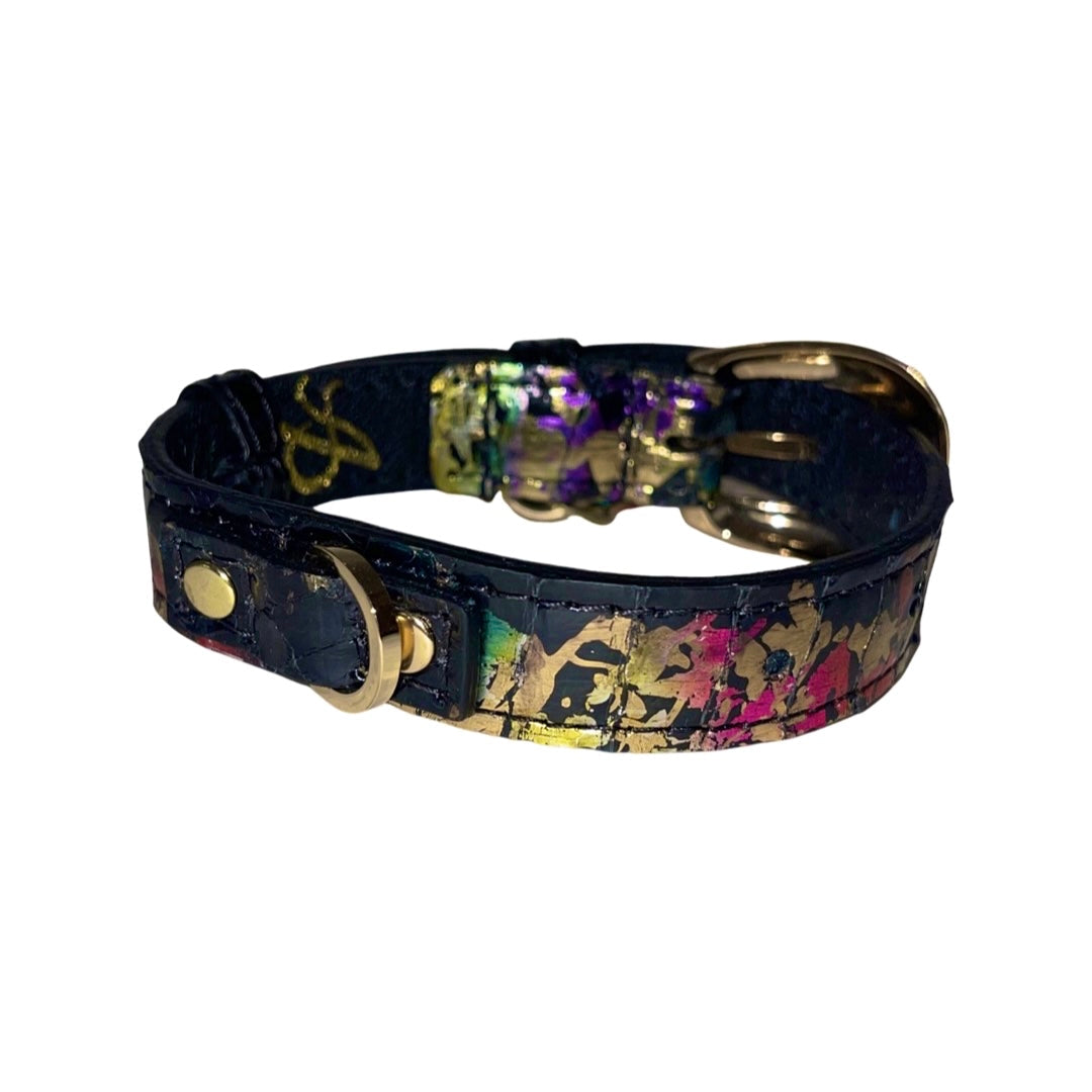 Allysa Payne XS/S 7"-14" Multi-Color Art Deco Custom Snake Dog Collar/Custom Gold Oval Italian Hardware & Swarovski Crystal Heart Charm