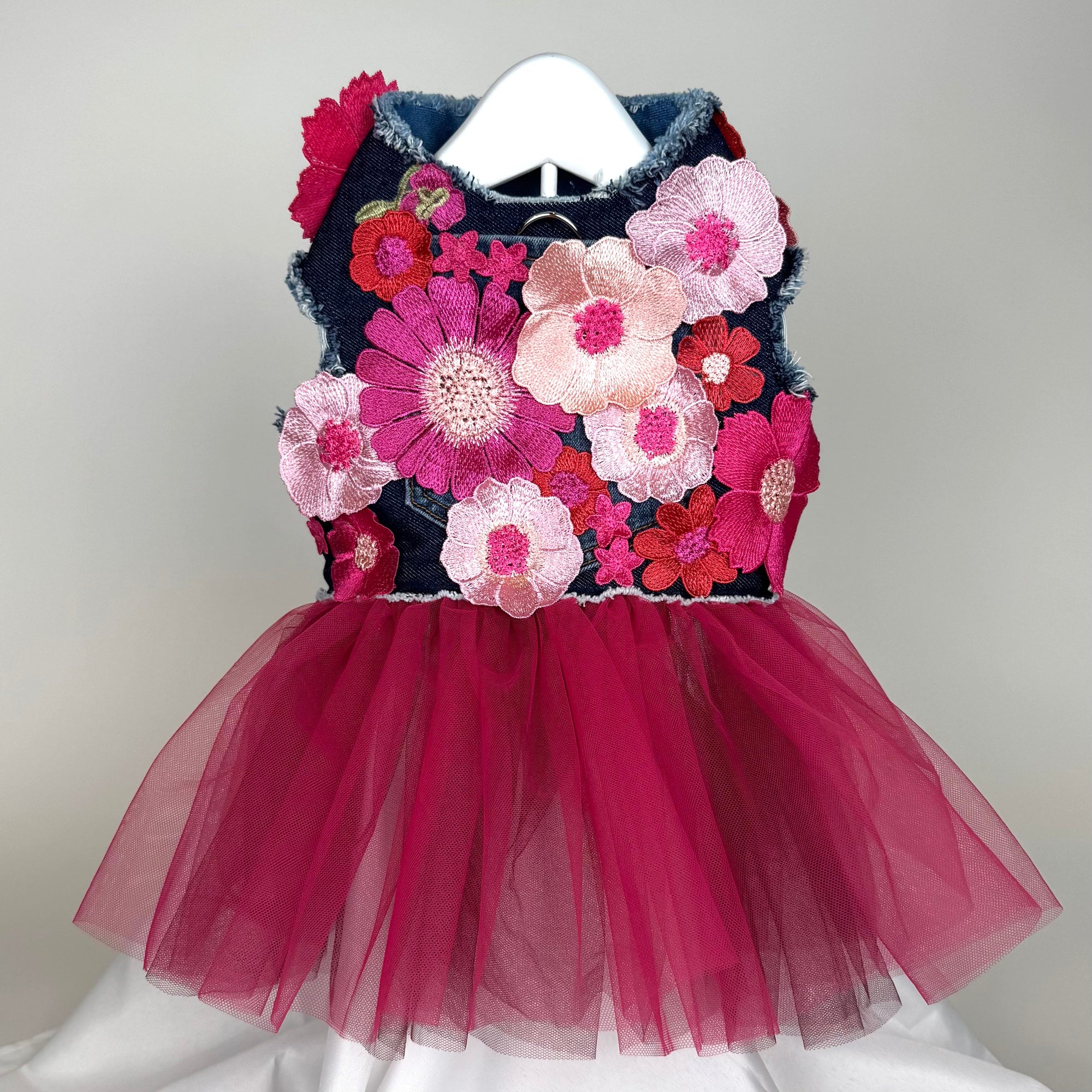 Heads or Tails Pup Raspberry Sorbet Bouquet Denim Dog Dress