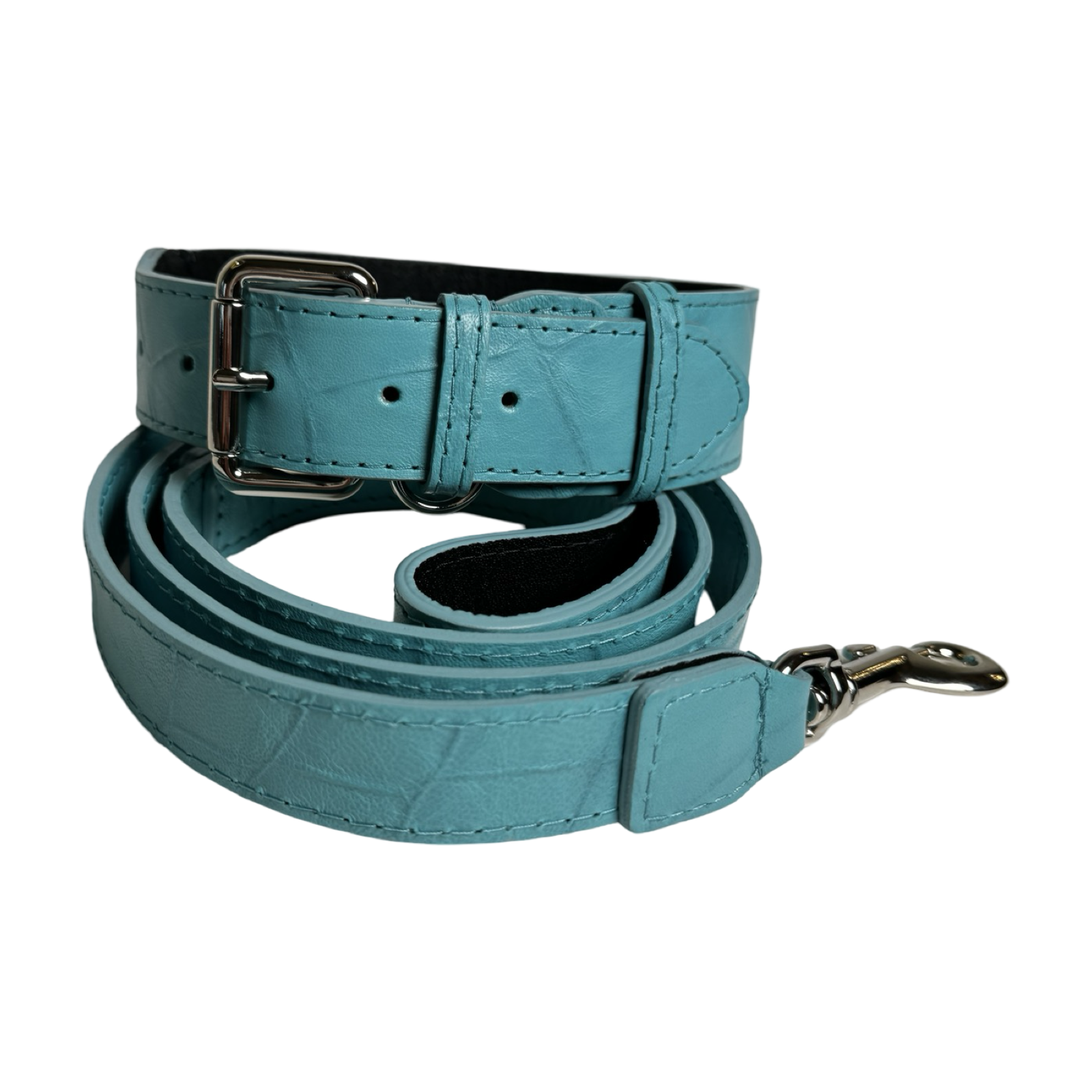 Allysa Payne The Tiffany Collection Turquoise Blue Embossed Croc Italian Leather , With Our Classic Silver Hardware Dog Collar & Leash Set