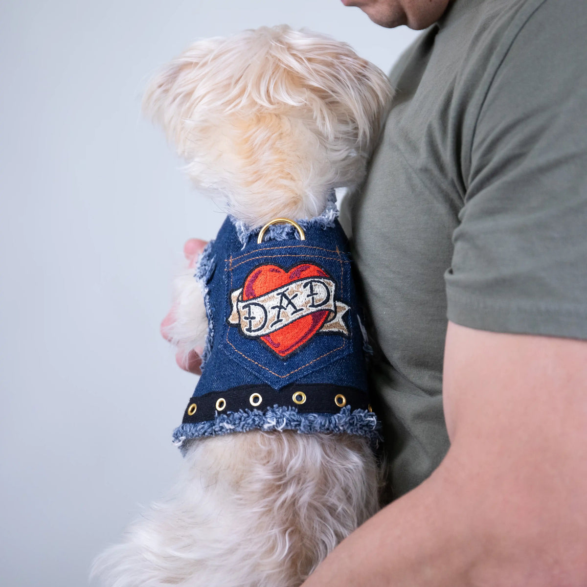 Heads or Tails Pup Love Dad Denim Dog Harness