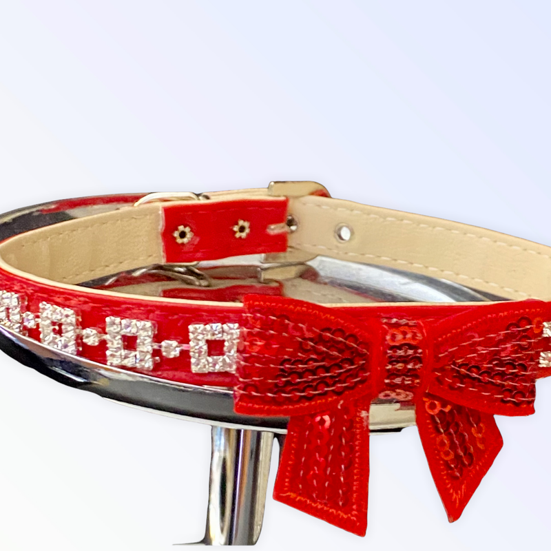 Bark 5th Ave., LLC My Glam Holiday Bow Collar Genuine Leather Red pet supplies