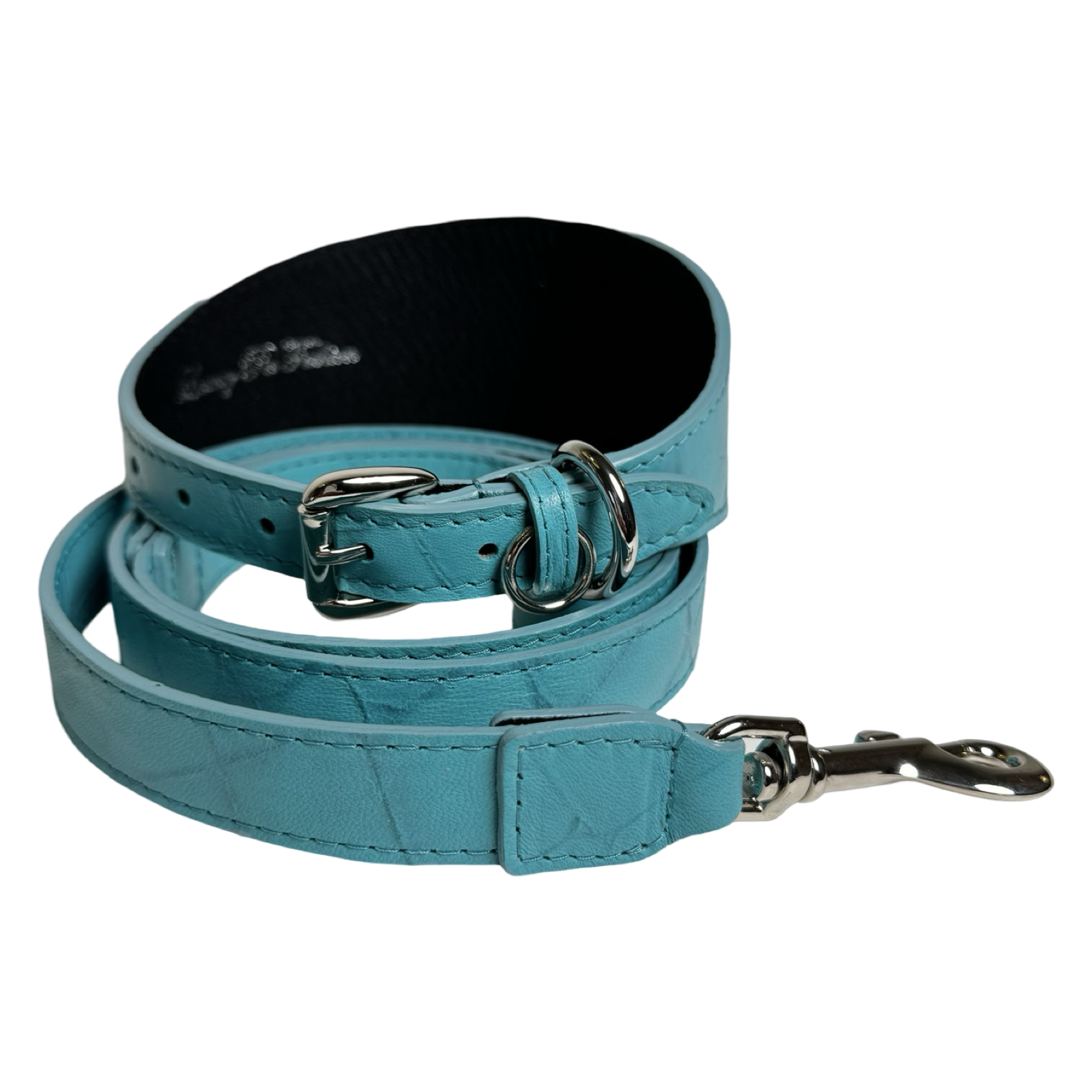 Allysa Payne The Tiffany Collection Turquoise Blue Embossed Croc Italian Leather 3-Inch Wide Style Dog Collar, With Silver Hardware