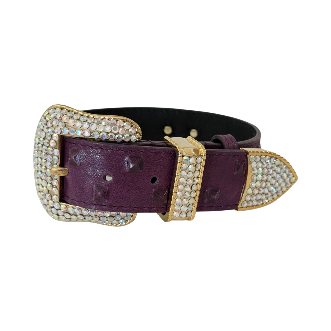 Allysa Payne Glamorous Boysenberry, Embossed Studded Italian Leather, Swarovski Crystal Dog Collar