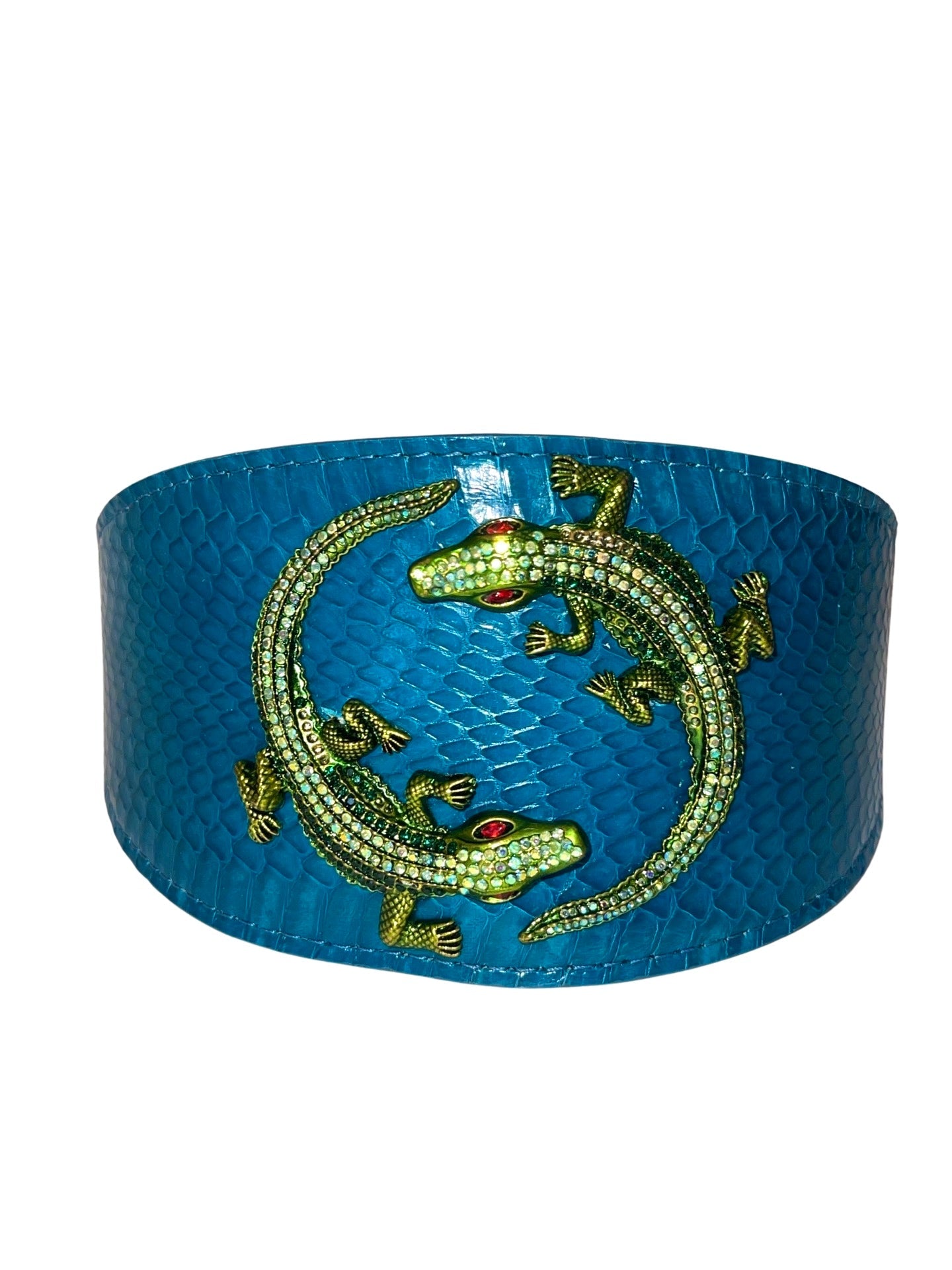 Dark Turquoise 3" Wide Style Snake Collar With Green Rhinestone Alligators