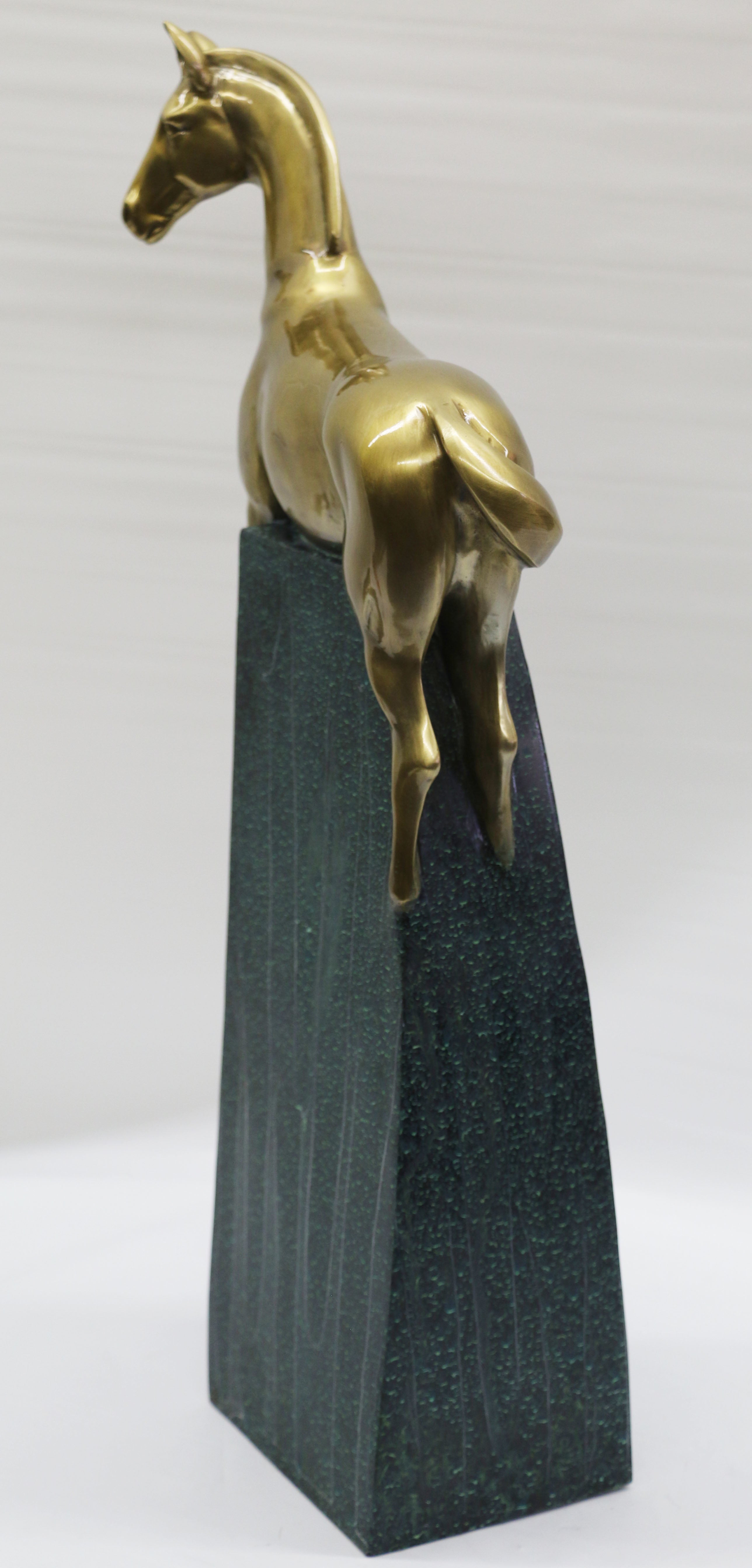 Large Extra Large Green and Gold Patina Stallion Horse Bronze Sculpture Figurine