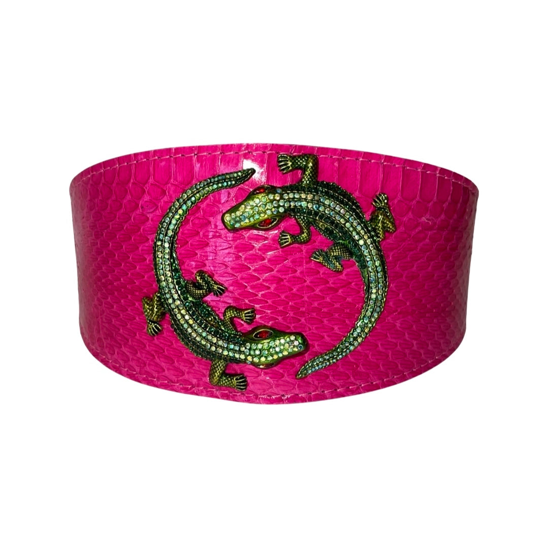 Allysa Payne Fuchsia Pink Snake Dog Collar With Green Rhinestone Alligators