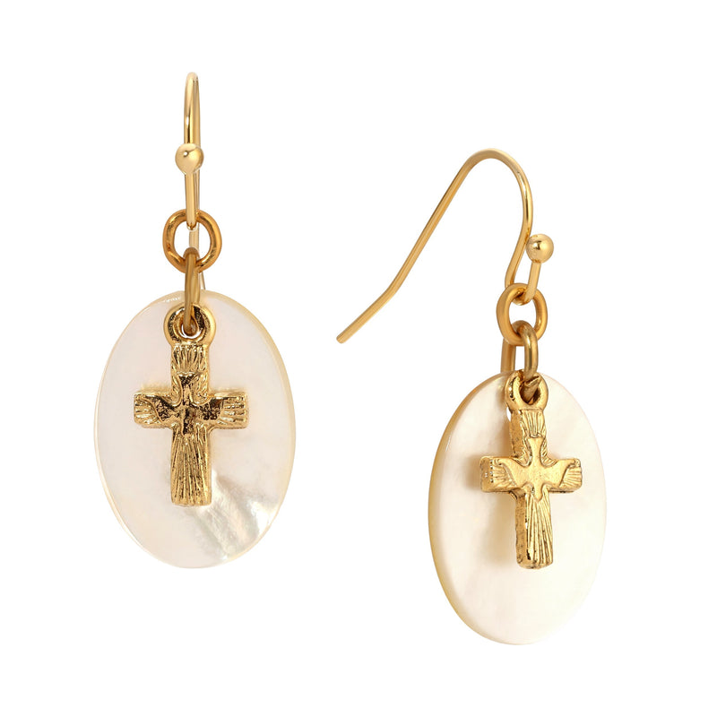 1928 Jewelry Mother Of Pearl Gold Dove Cross Drop Earrings